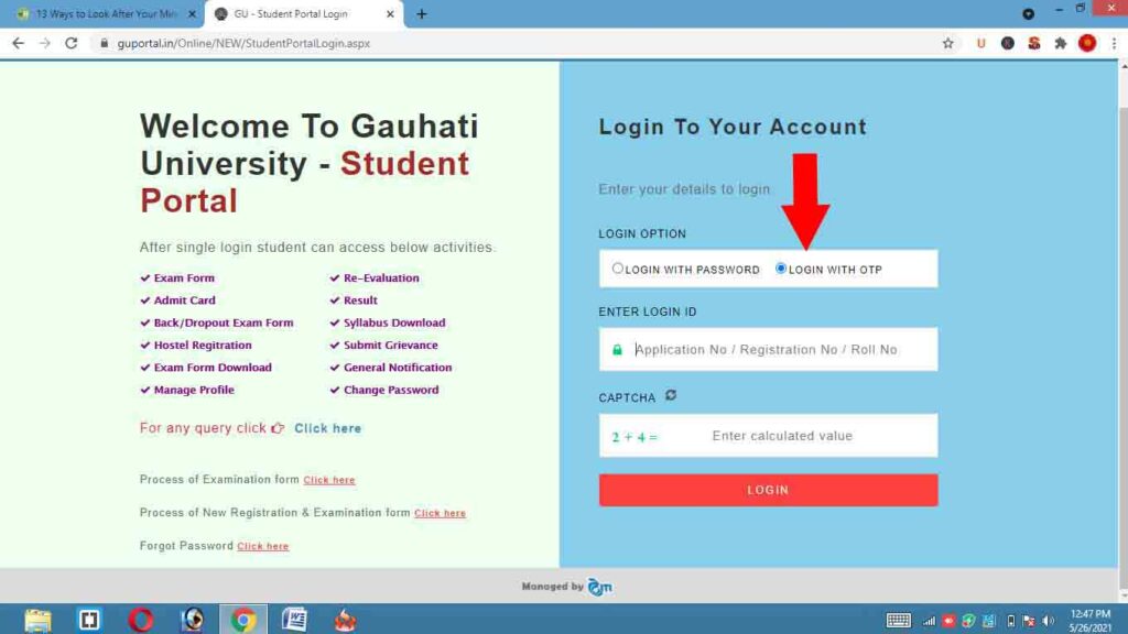  In student portal click to login with OTP. And next enter their Application number and Click Log in.